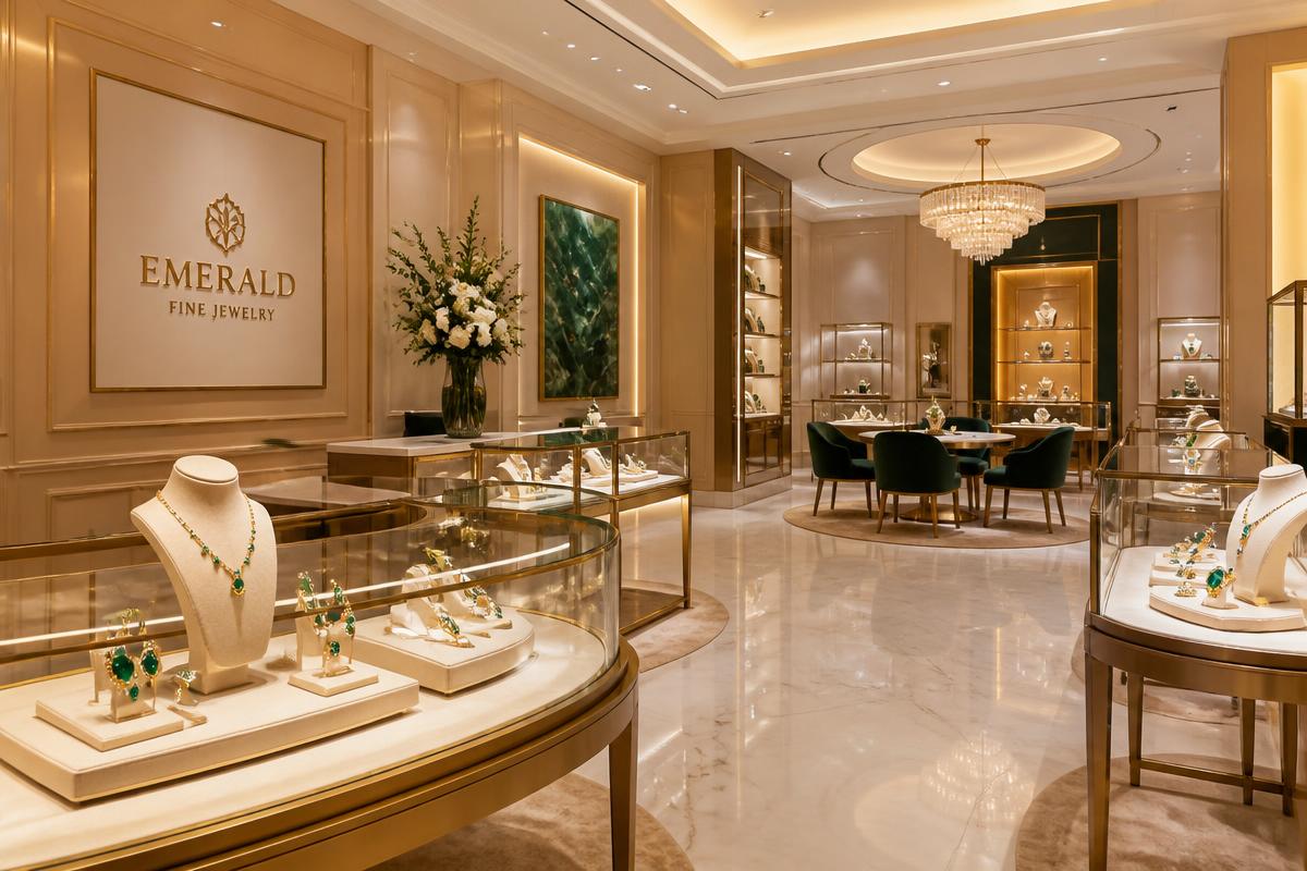 Elegant Emi & Sons jewelry showroom with glass display cases and warm lighting